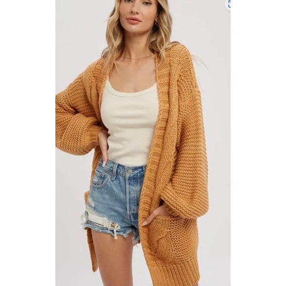Blu Ivy Sweaters - Camel Tan Chunky Cable Slouchy Lantern Sleeve Wrap Cardigan